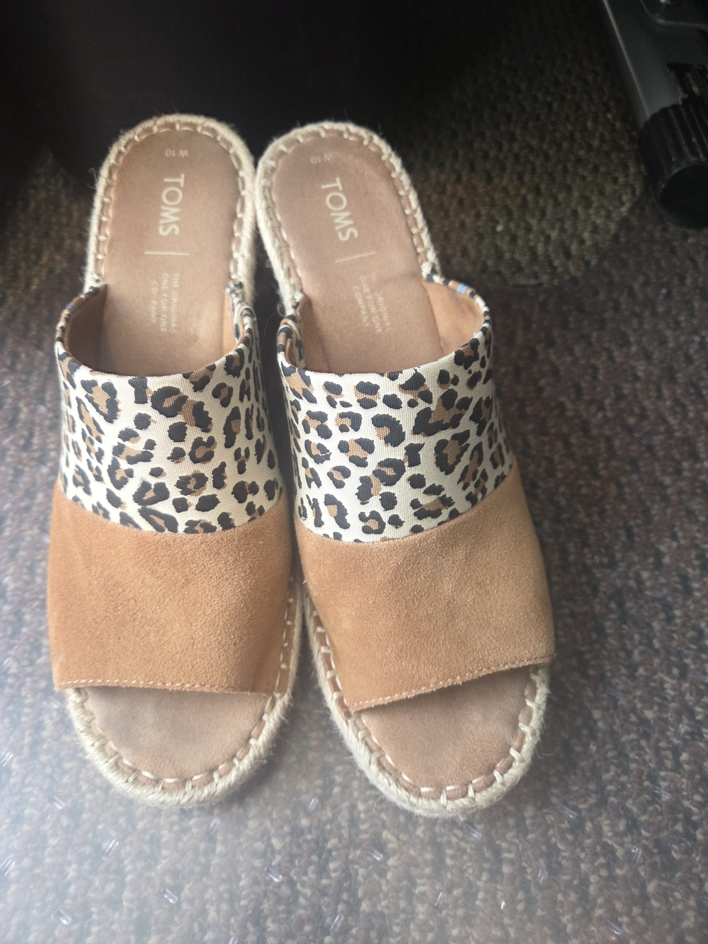 TOMS Women’s Tan Suede Espadrille Slide with Leopard Print